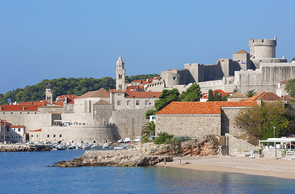 City Beach and view of Old Town, UNESCO World Heritage Site, Dubrovnik, Croatia, Europe