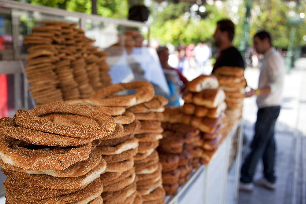 Cart selling koulouri, a traditional Greek snack, Athens, Greece, Europe