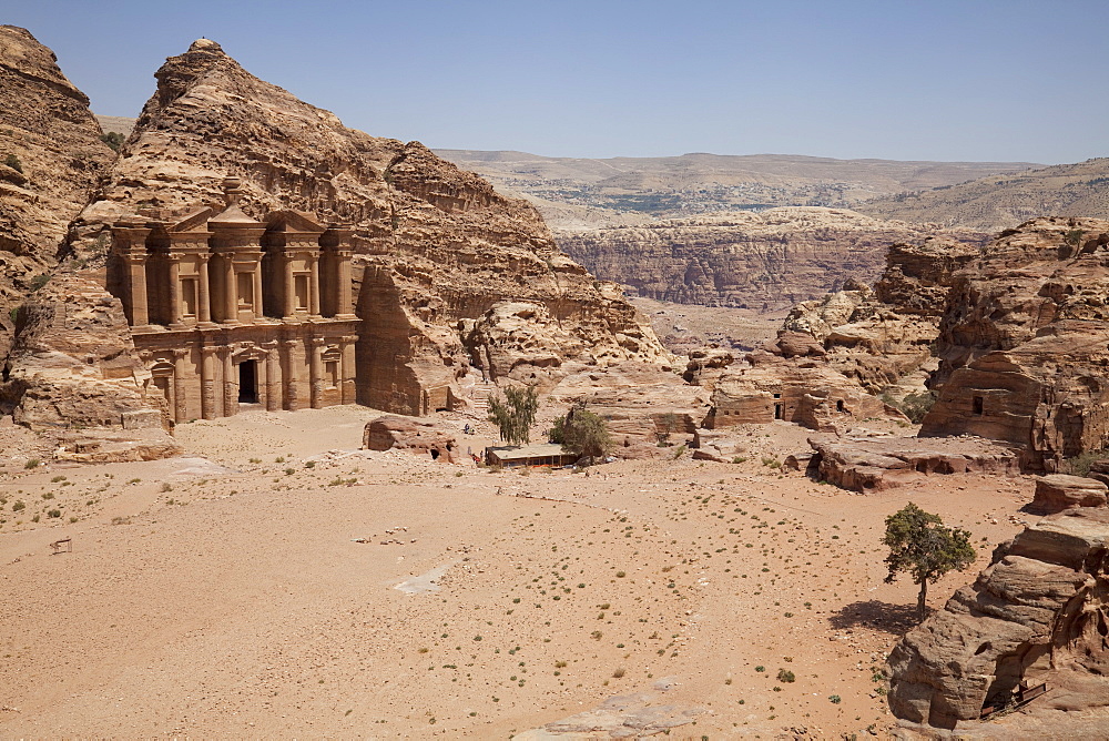 The facade of the Monastery carved into the red rock at Petra, UNESCO World Heritage Site, Jordan, Middle East