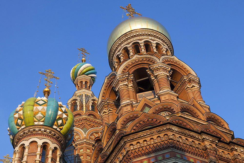 Looking up at the domes of the Church on Spilled Blood, UNESCO World Heritage Site, St. Petersburg, Russia, Europe