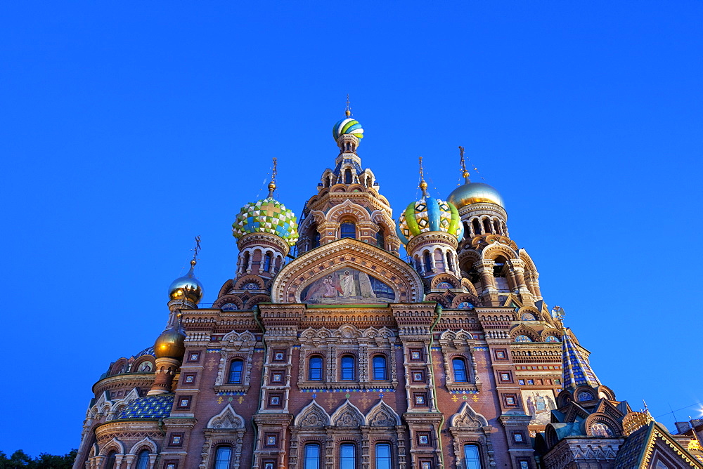 The Church on Spilled Blood illuminated at dusk, UNESCO World Heritage Site, St. Petersburg, Russia, Europe