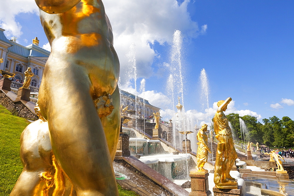 Golden statues and fountains of the Grand Cascade at Peterhof Palace, St. Petersburg, Russia, Europe