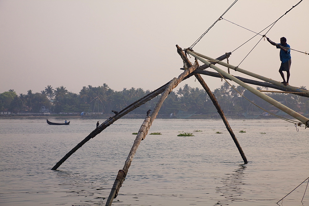 Fisherman on Chinese fishing net on the waterfront at Kochi (Cochin), Kerala, India, Asia 