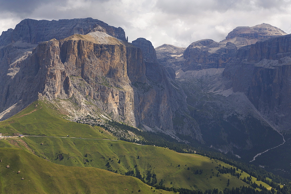 The dramatic Sass Pordoi mountain in the Dolomites near Canazei, Trentino-Alto Adige, Italy, Europe 