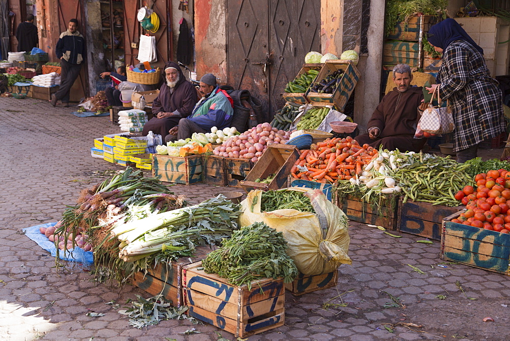 Vegetables for sale at a street market near Bab Agnaou in Marrakech, Morocco, North Africa, Africa