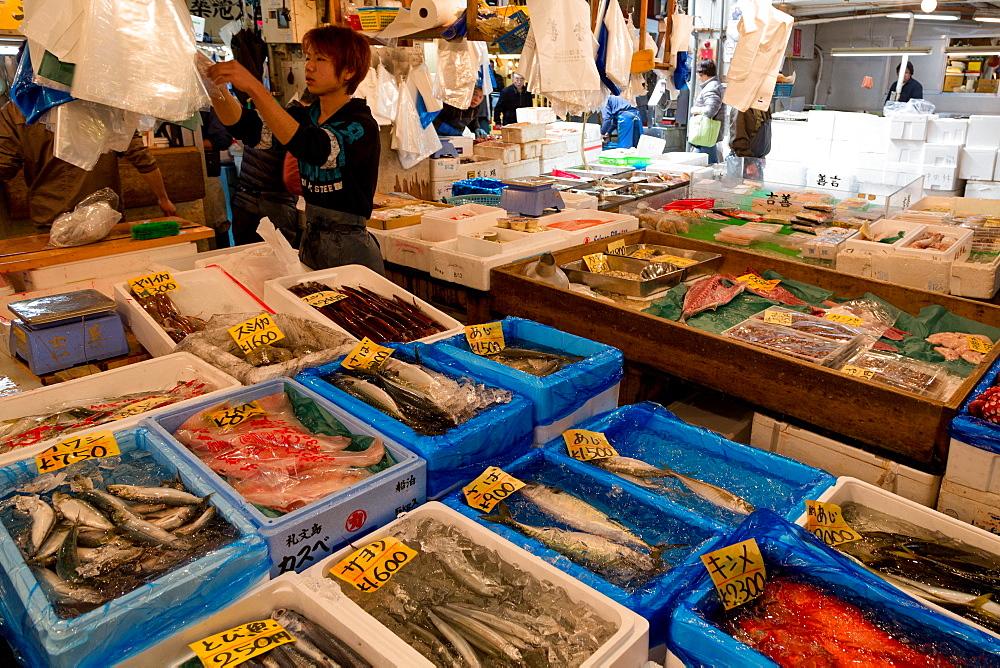 A stall with fresh fish for sale in Tsukiji Fish Market in Tokyo, Japan, Asia