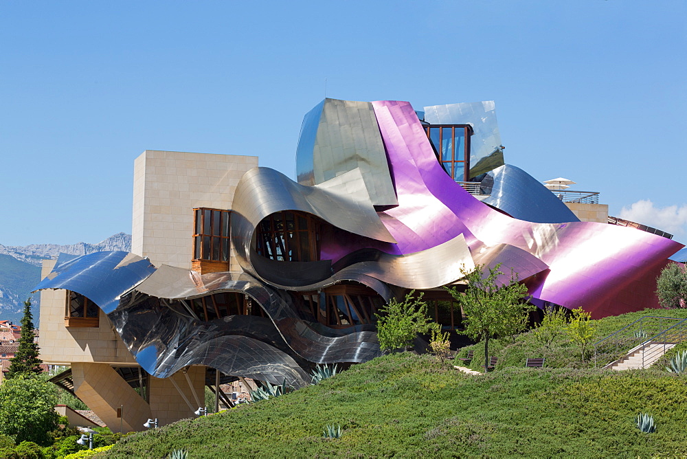 The striking hotel at Marques de Riscal Bodega, designed by Frank Gehry, near Elciego, La Rioja, Spain, Europe