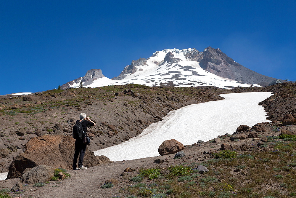 Lady hiker near a glacier on Mount Hood, part of the Cascade Range, Pacific Northwest region, Oregon, United States of America, North America