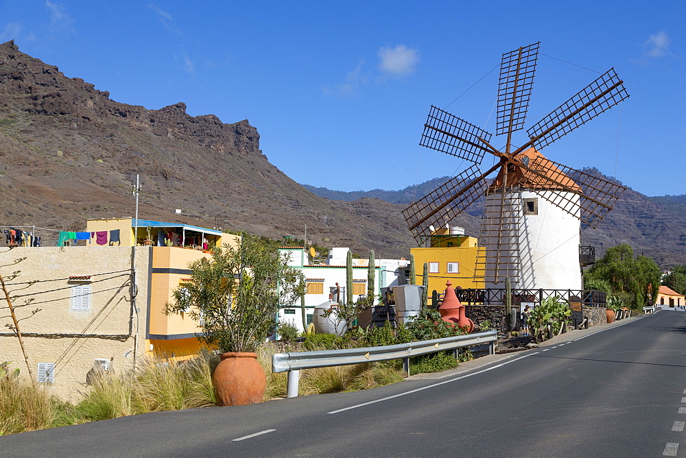 Traditional restored windmill, Molino de Viento, in Barranco de Mogan, near the village of Mogan, Gran Canaria, Canary Islands, Spain, Atlantic, Europe