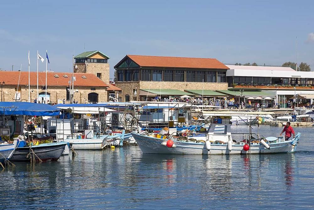 Traditional fishing boats moored in Paphos harbour in southern Cyprus, Mediterranean, Europe