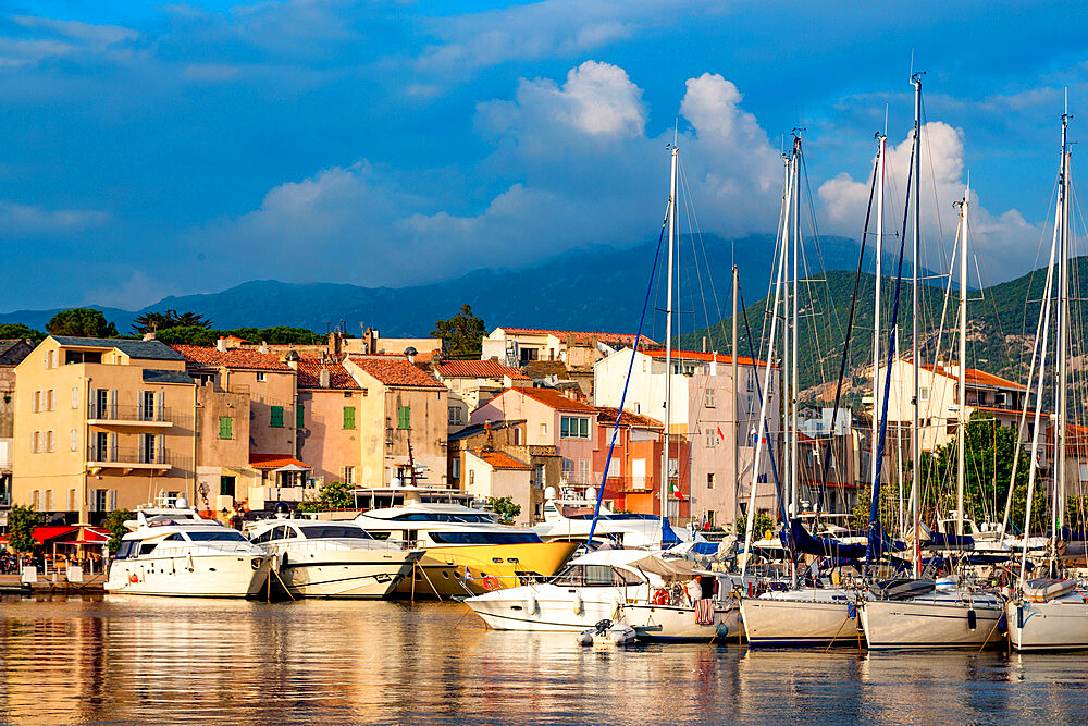 Boats moored in the small harbour of Saint Florent in northern Corsica, France, Mediterranean, Europe