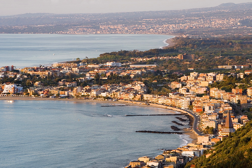 Coast and Giardini Naxos in morning light, Sicily, Italy, Mediterranean, Europe