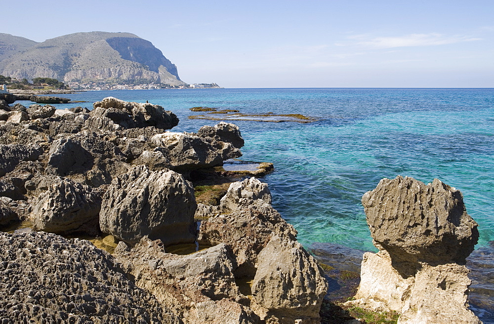 Rocky shoreline, Mondello, Palermo, Sicily, Italy, Mediterranean, Europe