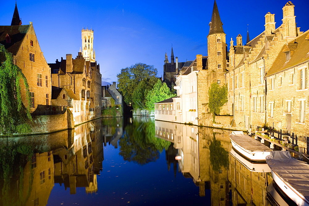 Canal and Belfry Tower in the evening, UNESCO World Heritage Site, Bruges, Belgium, Europe