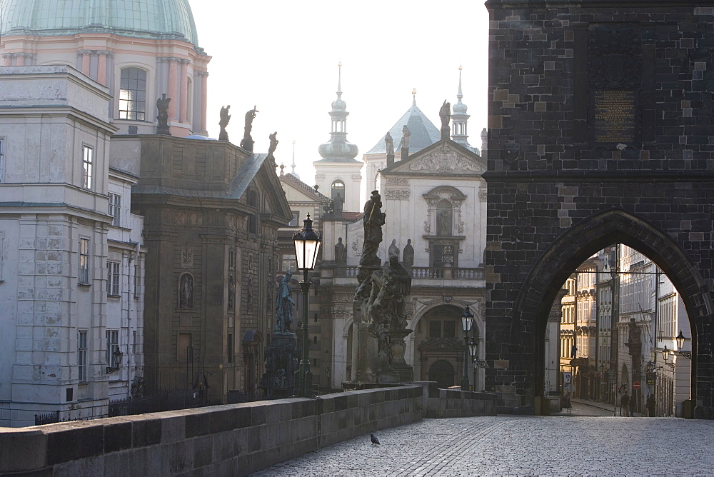 Morning light, Charles Bridge, Church of St. Francis dome, Old Town Bridge Tower, Old Town, Prague, Czech Republic, Europe