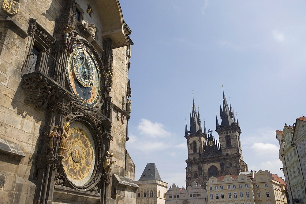 Town Hall Clock, Astronomical clock, and church of Our Lady before Tyn in background, Old Town Square, Old Town, Prague, Czech Republic, Europe