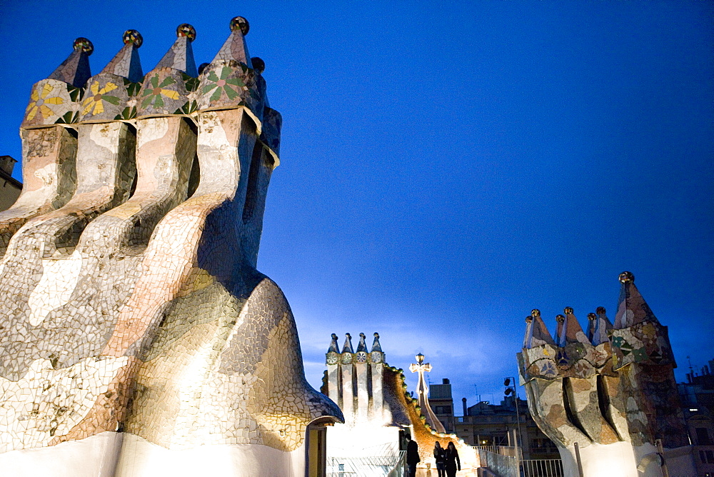 Evening view of chimneys and rooftop, Casa Batlo, Barcelona, Catalonia, Spain, Europe