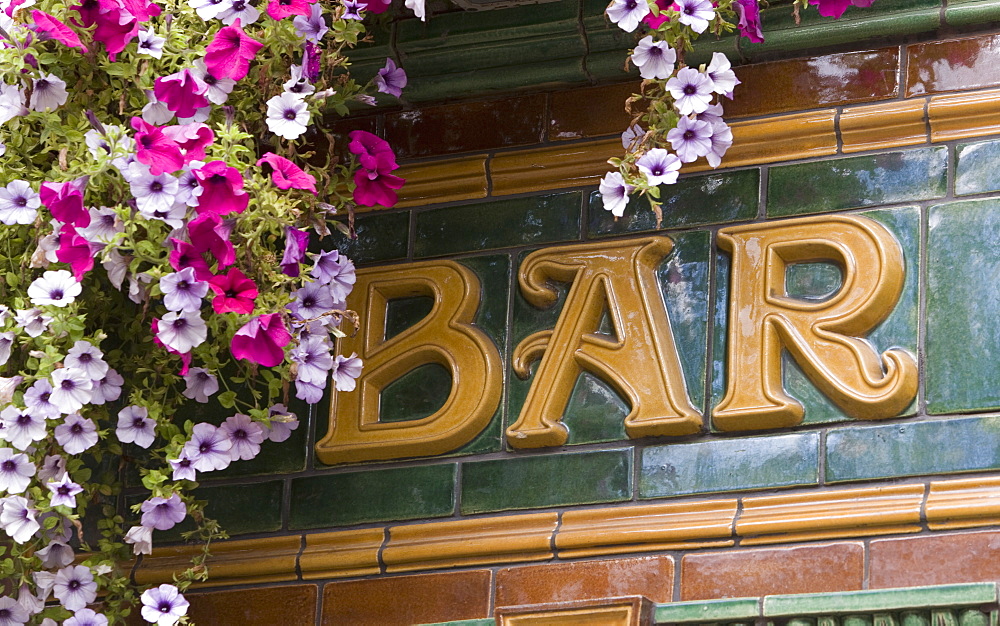 Bar sign and flowers, Temple Bar, Dublin, Republic of Ireland, Europe