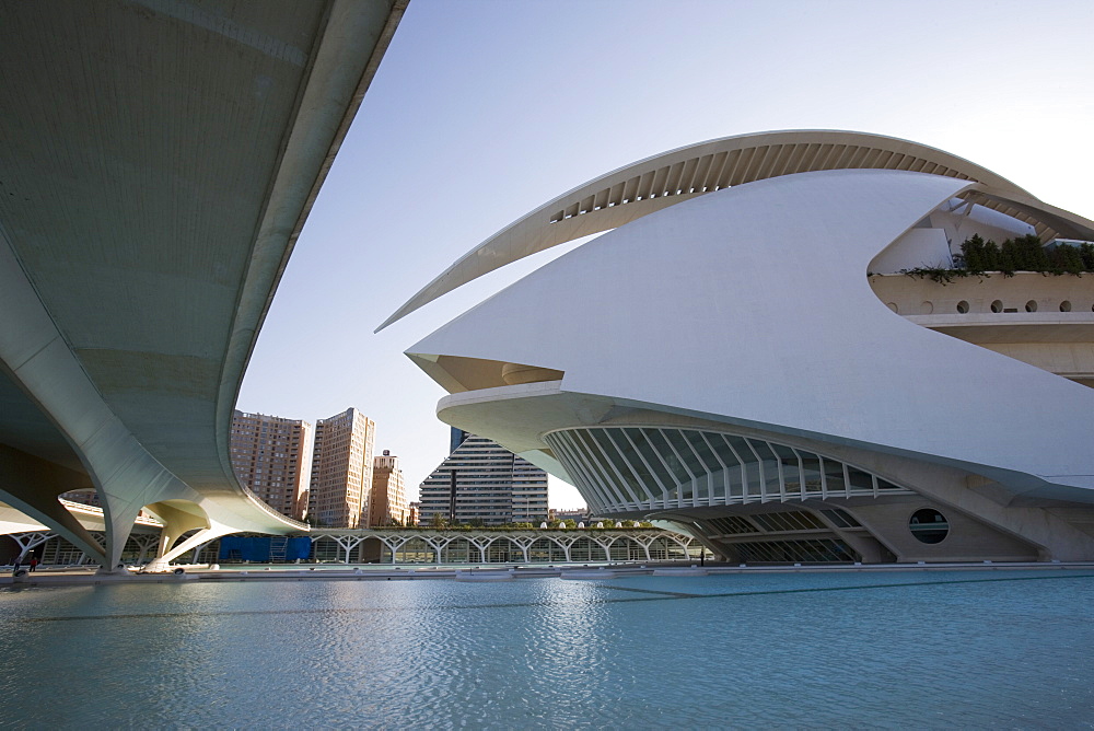 View of Palau de les Arts from under Ponte Monteolivete, Ciutat de les Arts i de les Ciencies, City of Arts and Sciences, Valencia, Mediterranean, Costa del Azahar, Spain, Europe