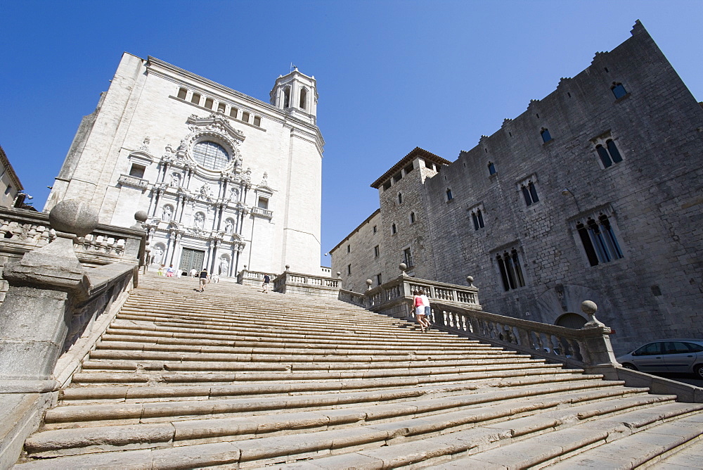 Steps of Cathedral, wide view, old town, Girona, Catalonia, Spain