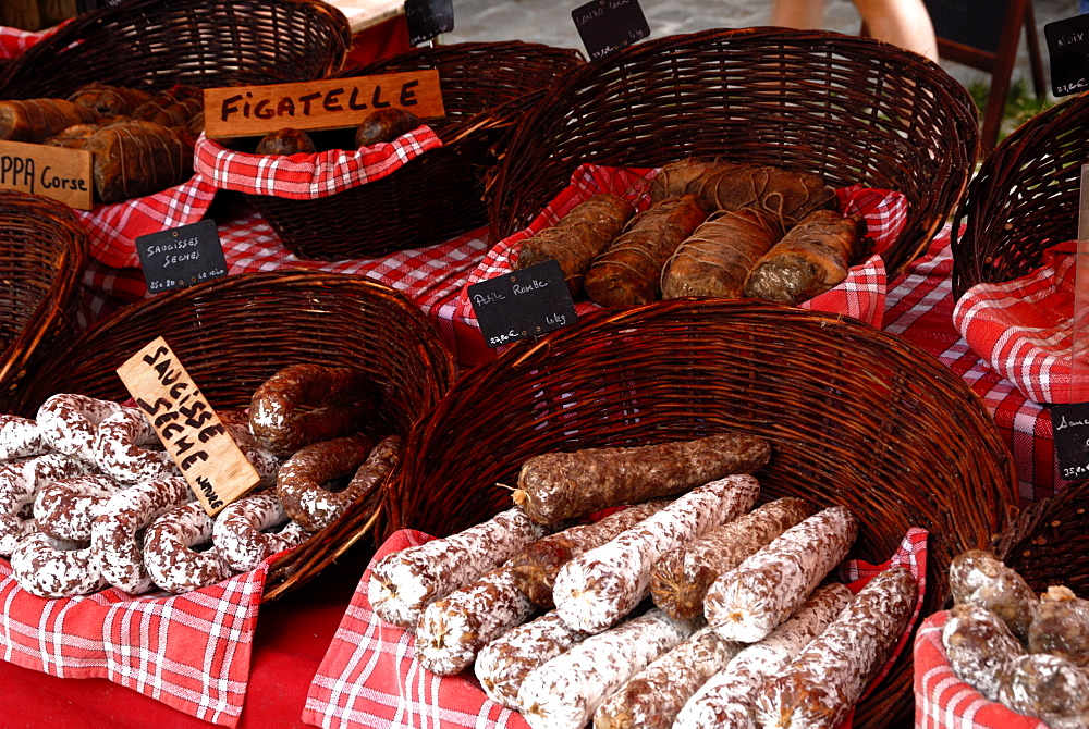 Sausages on a market stall, La Flotte, Ile de Re, Charente-Maritime, France, Europe