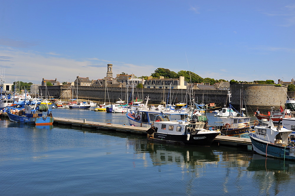 Old walled town seen from the fishing harbour, Concarneau, Finistere, Brittany, France, Europe