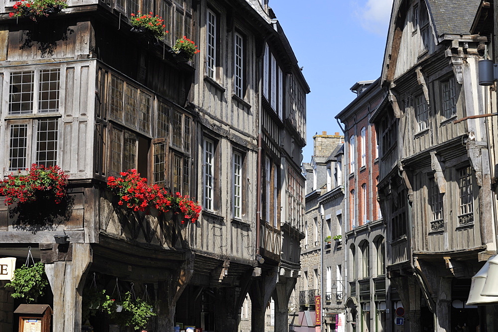 Street of half timbered houses, Dinan, Cotes d'Armor, Brittany, France, Europe