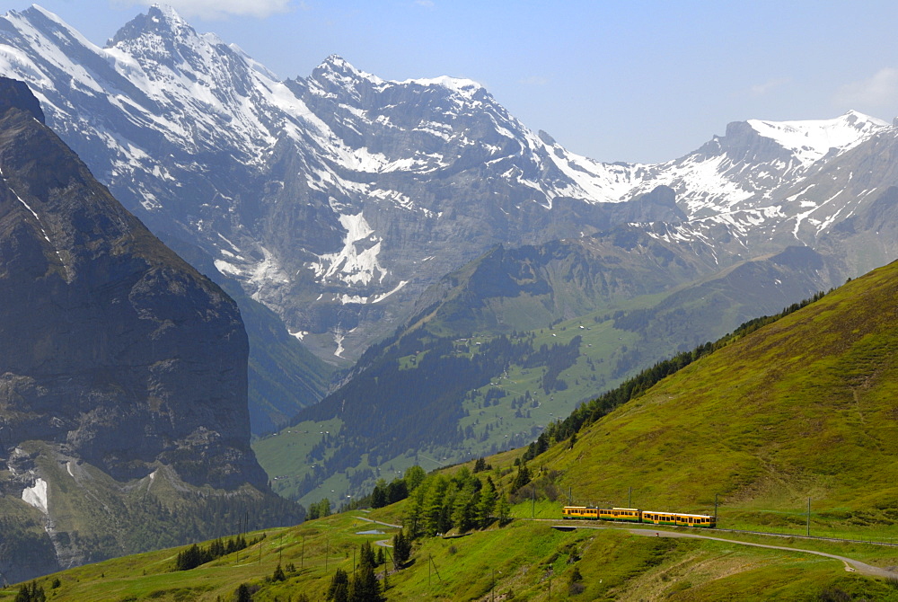 Train from Kleine Scheidegg on route to Wengen, Bernese Oberland, Swiss Alps, Switzerland, Europe