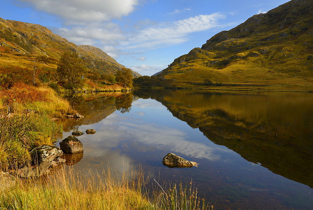 Reflection of autumn colours, Loch Eilt, Highlands, Scotland, United Kingdom, Europe 