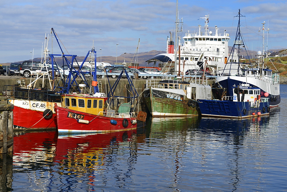 Fishing boats and Car Ferry in the harbour, Mallaig, Highlands, Scotland, United Kingdom, Europe