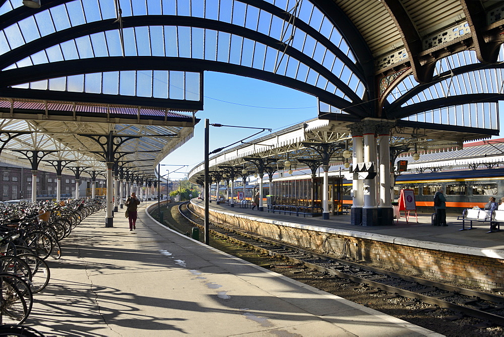 Bicycles on the platform at York Railway Station, York, Yorkshire, England, United Kingdom, Europe