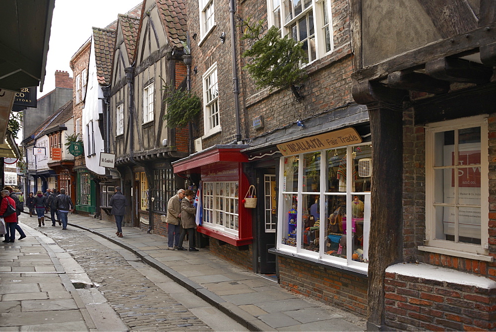 The medieval narrow street of the Shambles and Little Shambles, York, Yorkshire, England, United Kingdom, Europe