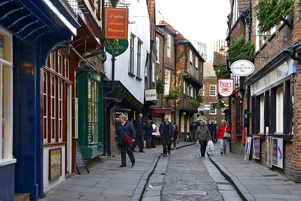 The medieval narrow street of the Shambles and Little Shambles, York, Yorkshire, England, United Kingdom, Europe