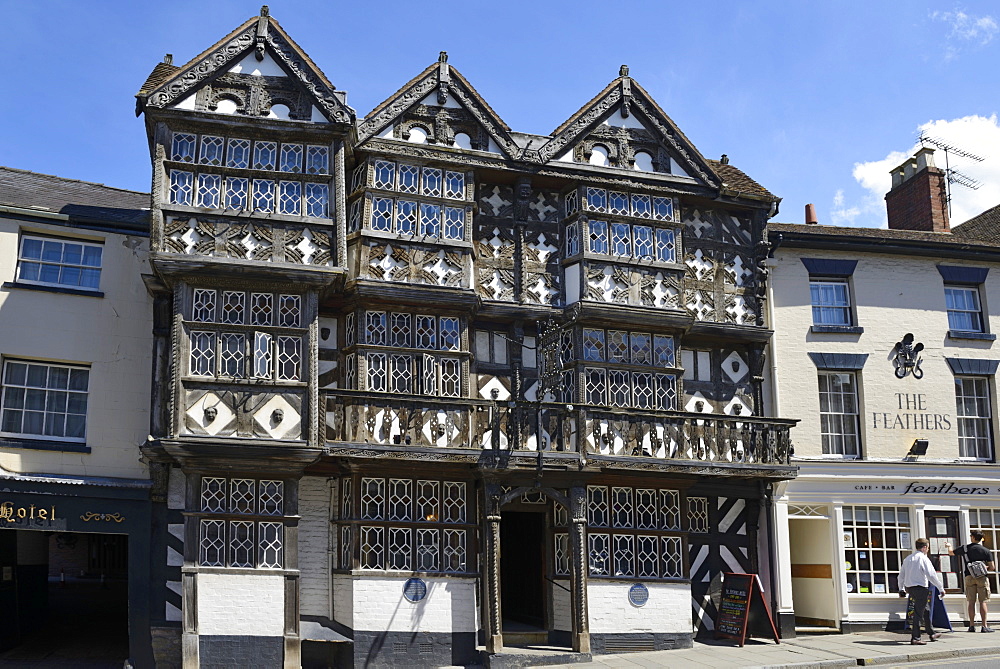 The 15th century timber framed Feathers Hotel, Bull Ring, Ludlow, Shropshire, England, United Kingdom. Europe