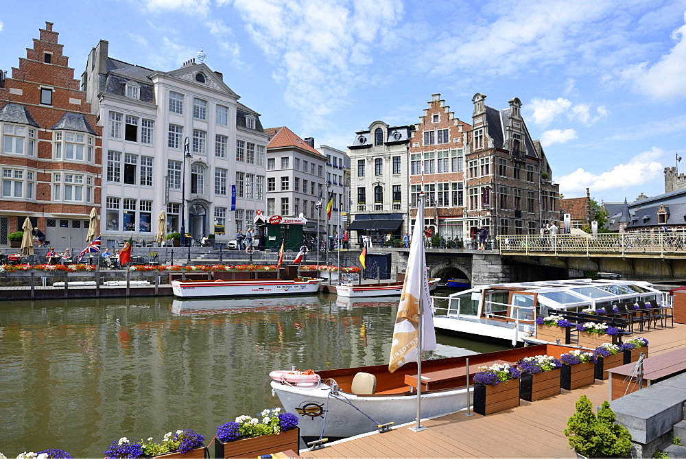 Pleasure boats on the river, looking towards Korenlei quay, Ghent, Flanders, Belgium, Europe