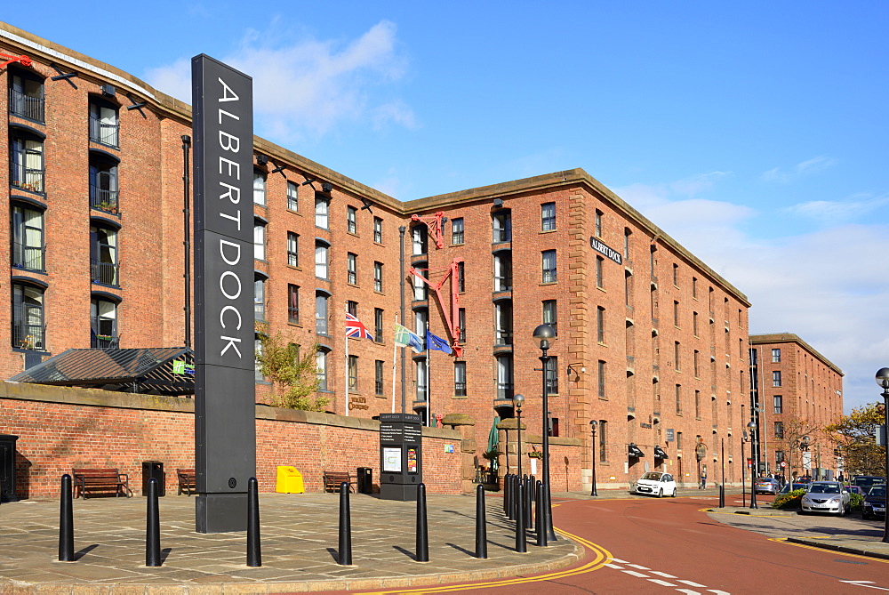 Albert Dock Sign in front of converted warehouse buildings, Albert Docks, Liverpool, Merseyside, England, United Kingdom, Europe