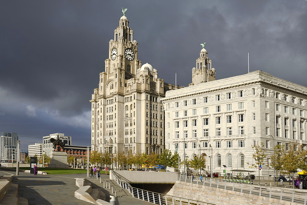 The Royal Liver Building and the Cunard Building, Pier Head, Liverpool, Merseyside, England, United Kingdom, Europe