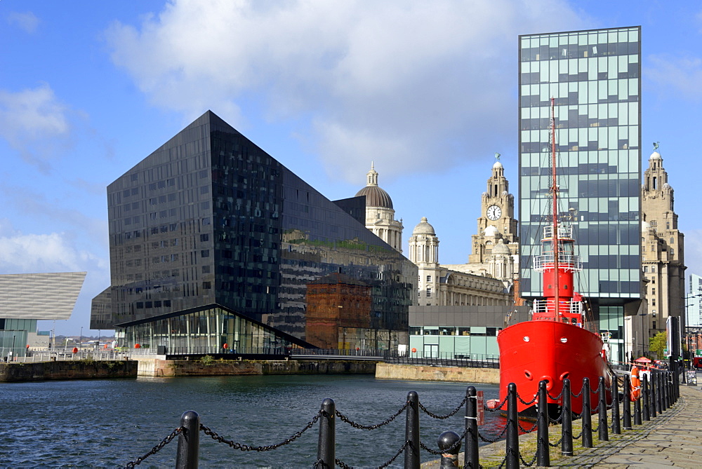 Mann Island and the Three Graces viewed from Canning Dock, Liverpool, Merseyside, England, United Kingdom, Europe