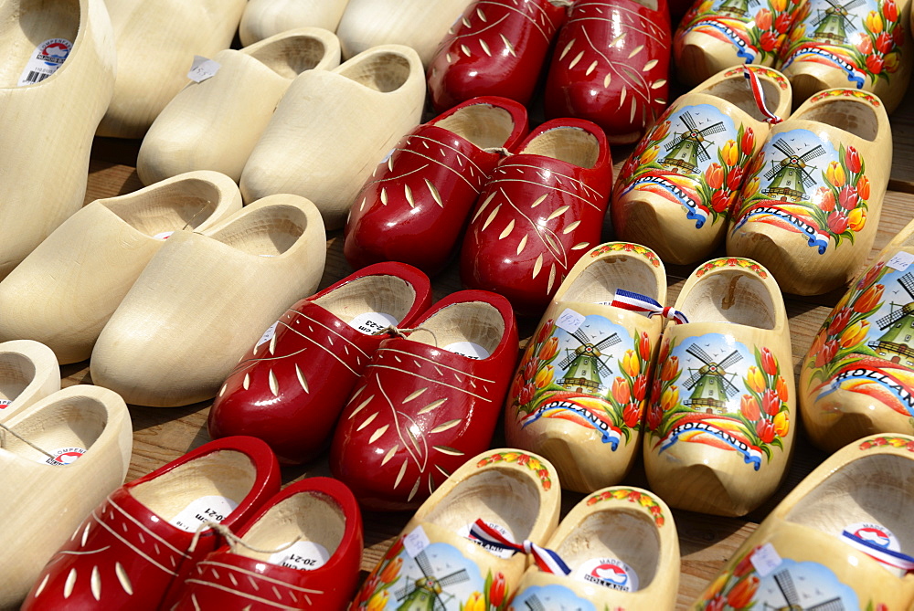 Painted traditional Dutch wooden clogs, Waagplein Square, Alkmaar, North Holland, Netherlands, Europe