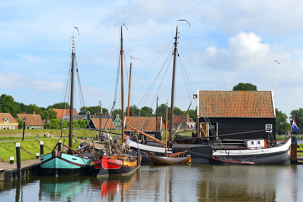 Boats in a fishing port at Zuiderzee Open Air Museum, Lake Ijssel, Enkhuizen, North Holland, Netherlands, Europe