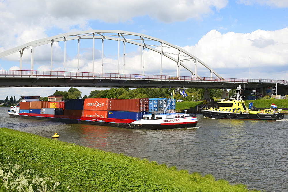 Barge carrying shipping containers, Amsterdam-Rhine Canal, Amsterdam, North Holland, Netherlands, Europe