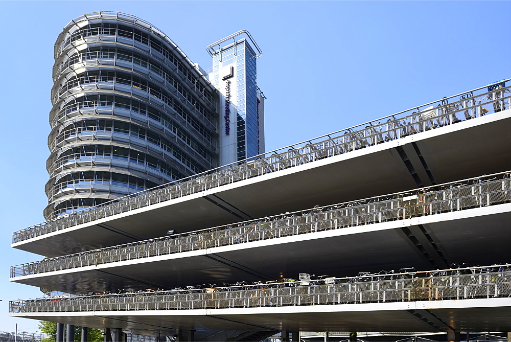 Floating multistorey bicycle park, Stationsplein, Amsterdam, North Holland, Netherlands, Europe