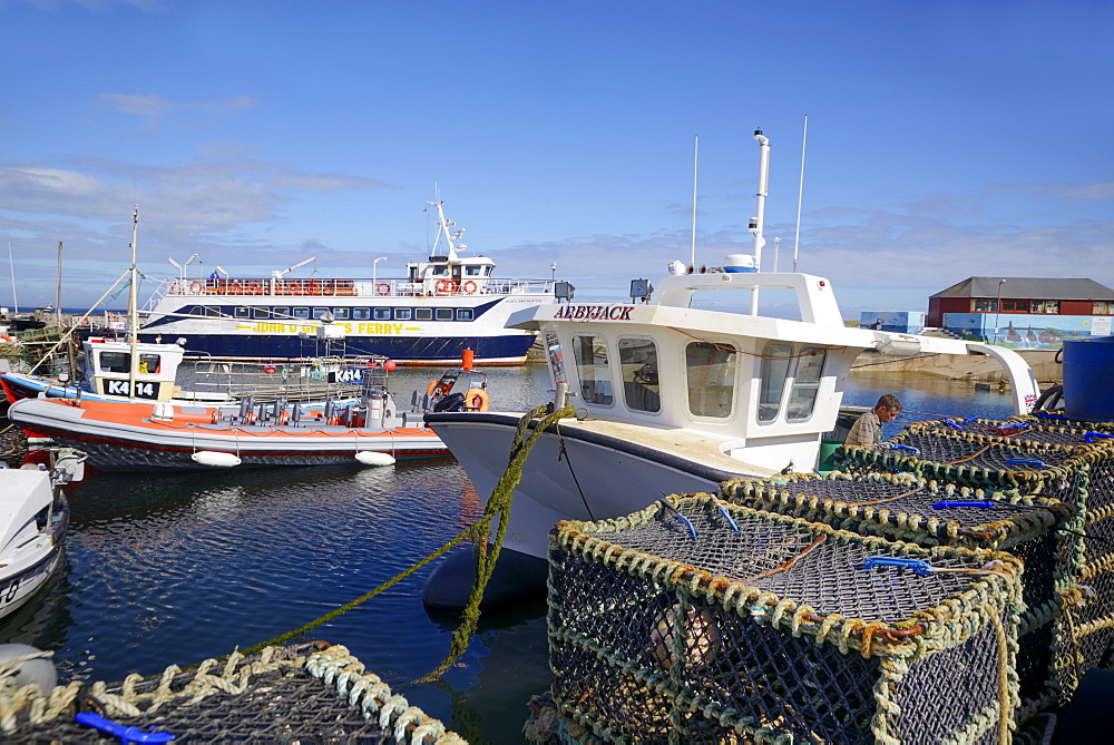 Crab pots and boats in the harbour, John O'Groats, Caithness, Highland Region, Scotland, United Kingdom, Europe