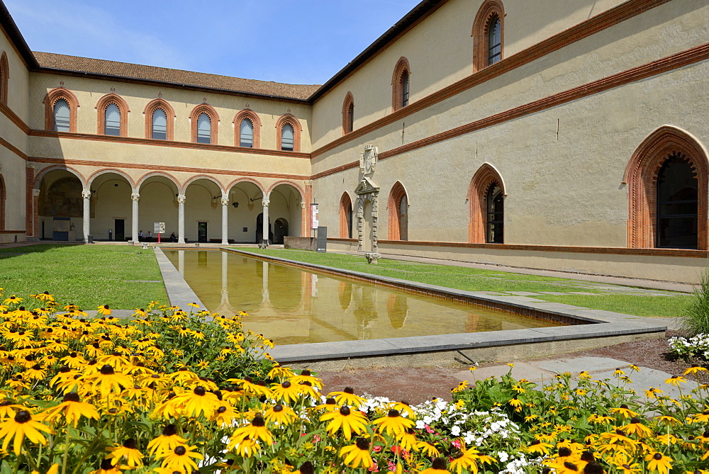 Garden in the Ducal Courtyard, Sforzesco Castle (Castello Sforzesco), Milan, Lombardy, Italy, Europe