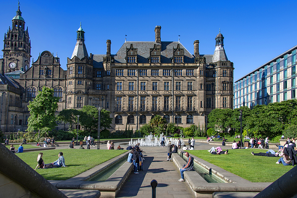 Looking towards Sheffield Town Hall from the Peace Gardens, which are a series pathways, water features, balustrades and artworks next to the town hall, Pinstone Street, Heart of the City Quarter,