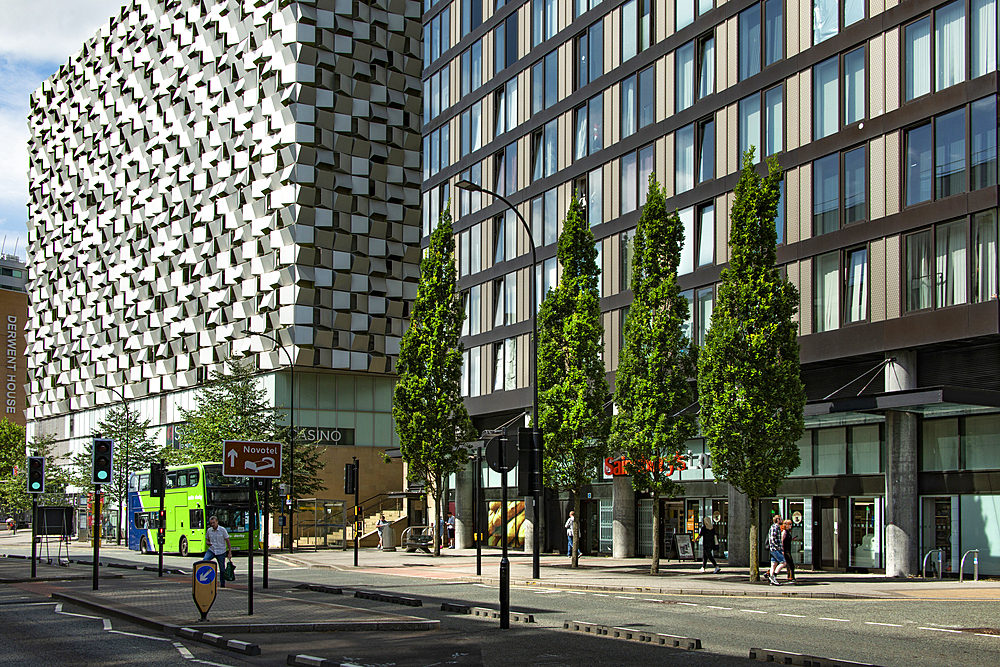 View of St Paul's Tower, a new apartment block, and the Q-Park Car Park building nicknamed Cheese grater located at St Paul's Place / Arundel Gate, Heart of the City,