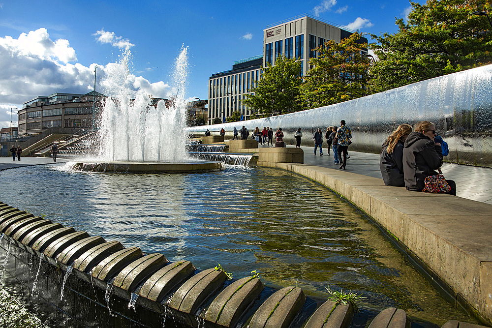 The 'Cutting Edge' steel wall and cascading water features outside Sheffield railway station which form 'Sheffield Gateway' entrance to the city. The design pays homaage to 'Steel City's' invention of stainless steel and the water that powered the industy