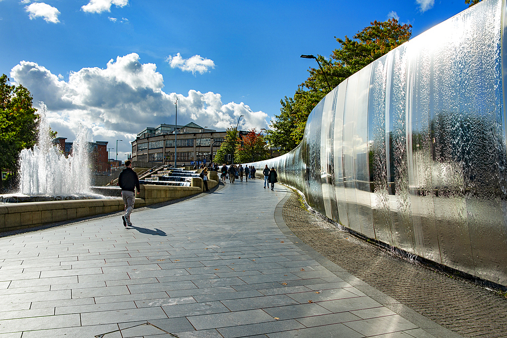 The 'Cutting Edge' steel wall and cascading water features outside Sheffield railway station which form 'Sheffield Gateway' entrance to the city. The design pays homaage to 'Steel City's' invention of stainless steel and the water that powered the industy