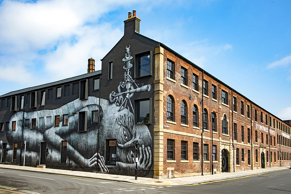 Huge mural by local artist Phlegm on side of Grade II listed building Eye Witness works, Headford Street, Milton Street, Sheffield, Yorkshire, England