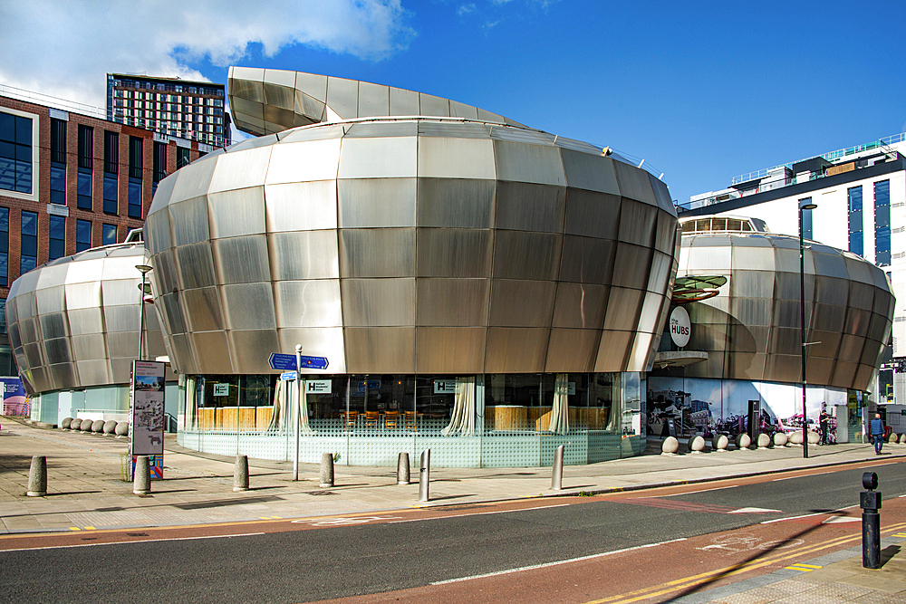 The Hubs, a fifteen million pound lottery-funded project, nicknamed the kettles, the drums and the curling stones, was built originally as the National Centre for Popular Music in 1999. It was built as a museum to celebrate contemporary music and culture,